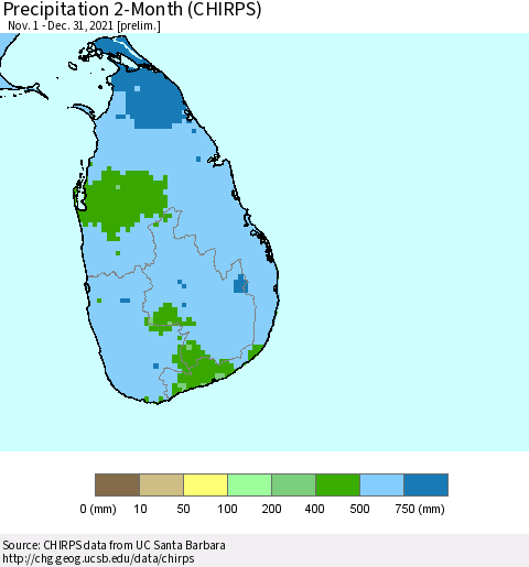 Sri Lanka Precipitation 2-Month (CHIRPS) Thematic Map For 11/1/2021 - 12/31/2021