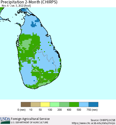 Sri Lanka Precipitation 2-Month (CHIRPS) Thematic Map For 11/6/2021 - 1/5/2022