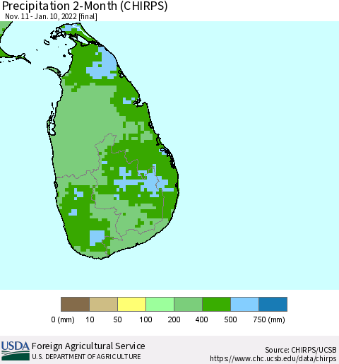 Sri Lanka Precipitation 2-Month (CHIRPS) Thematic Map For 11/11/2021 - 1/10/2022