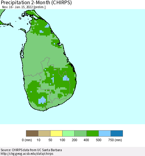 Sri Lanka Precipitation 2-Month (CHIRPS) Thematic Map For 11/16/2021 - 1/15/2022