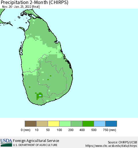 Sri Lanka Precipitation 2-Month (CHIRPS) Thematic Map For 11/26/2021 - 1/25/2022