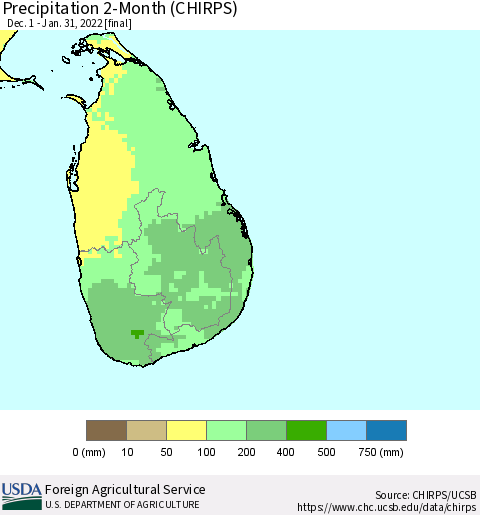 Sri Lanka Precipitation 2-Month (CHIRPS) Thematic Map For 12/1/2021 - 1/31/2022