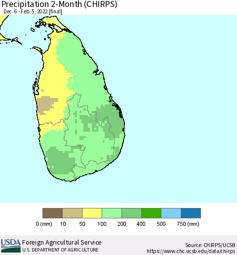 Sri Lanka Precipitation 2-Month (CHIRPS) Thematic Map For 12/6/2021 - 2/5/2022