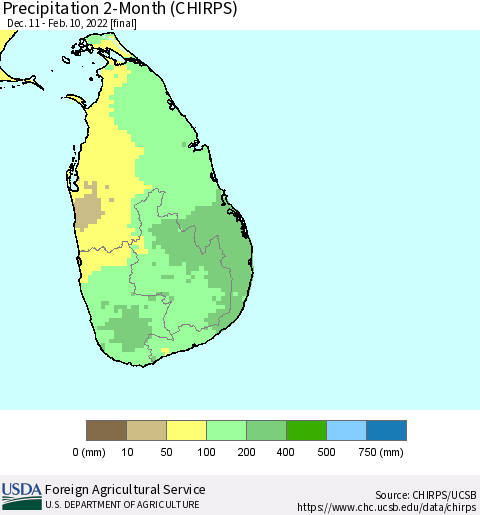 Sri Lanka Precipitation 2-Month (CHIRPS) Thematic Map For 12/11/2021 - 2/10/2022