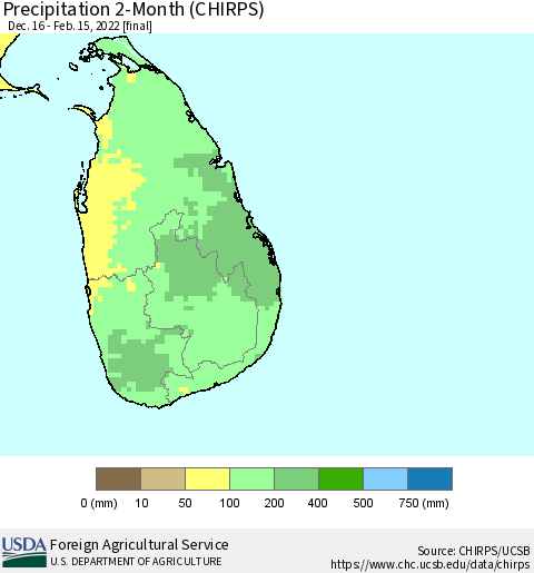 Sri Lanka Precipitation 2-Month (CHIRPS) Thematic Map For 12/16/2021 - 2/15/2022