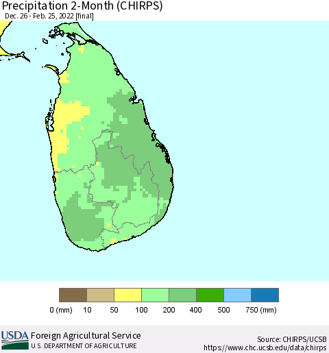 Sri Lanka Precipitation 2-Month (CHIRPS) Thematic Map For 12/26/2021 - 2/25/2022