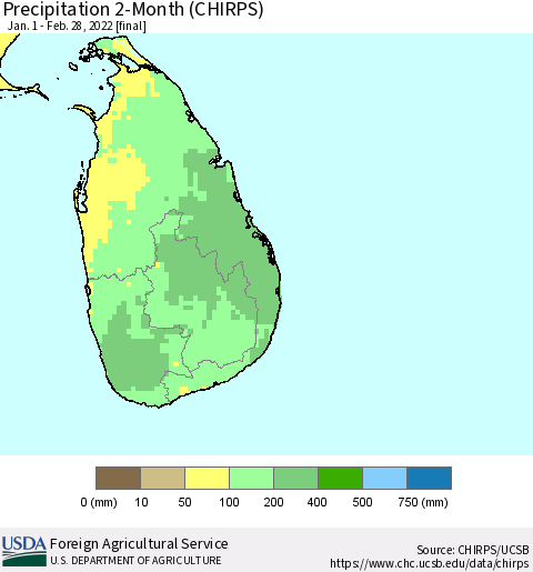 Sri Lanka Precipitation 2-Month (CHIRPS) Thematic Map For 1/1/2022 - 2/28/2022