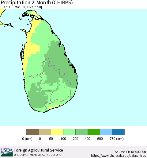 Sri Lanka Precipitation 2-Month (CHIRPS) Thematic Map For 1/11/2022 - 3/10/2022