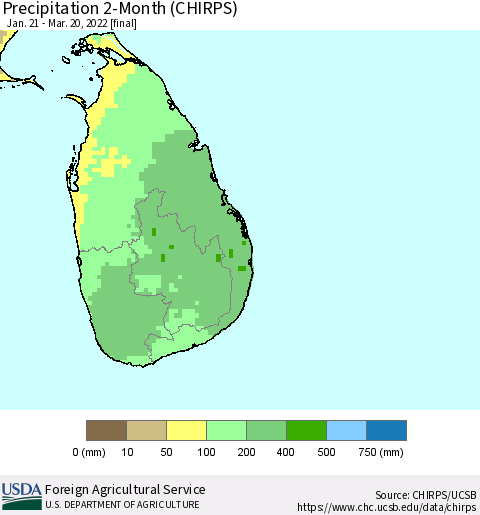 Sri Lanka Precipitation 2-Month (CHIRPS) Thematic Map For 1/21/2022 - 3/20/2022