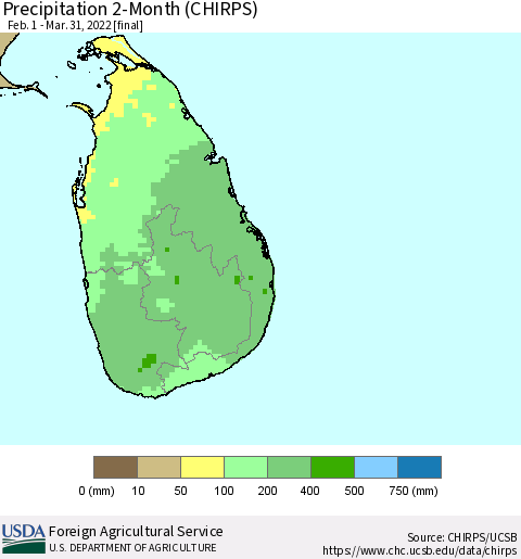 Sri Lanka Precipitation 2-Month (CHIRPS) Thematic Map For 2/1/2022 - 3/31/2022