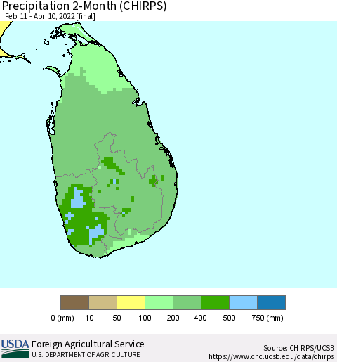 Sri Lanka Precipitation 2-Month (CHIRPS) Thematic Map For 2/11/2022 - 4/10/2022