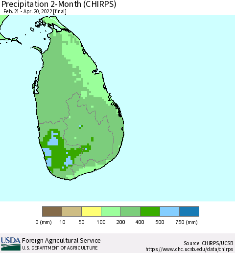 Sri Lanka Precipitation 2-Month (CHIRPS) Thematic Map For 2/21/2022 - 4/20/2022