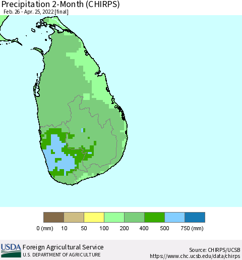 Sri Lanka Precipitation 2-Month (CHIRPS) Thematic Map For 2/26/2022 - 4/25/2022