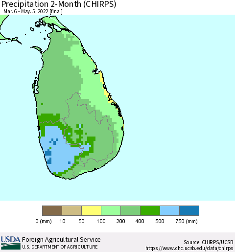 Sri Lanka Precipitation 2-Month (CHIRPS) Thematic Map For 3/6/2022 - 5/5/2022