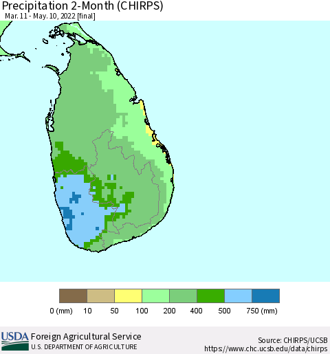 Sri Lanka Precipitation 2-Month (CHIRPS) Thematic Map For 3/11/2022 - 5/10/2022