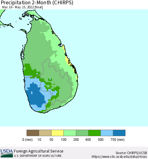 Sri Lanka Precipitation 2-Month (CHIRPS) Thematic Map For 3/16/2022 - 5/15/2022