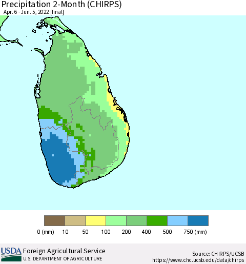 Sri Lanka Precipitation 2-Month (CHIRPS) Thematic Map For 4/6/2022 - 6/5/2022