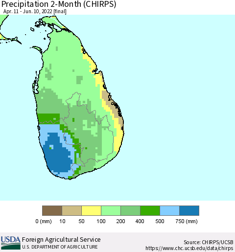 Sri Lanka Precipitation 2-Month (CHIRPS) Thematic Map For 4/11/2022 - 6/10/2022