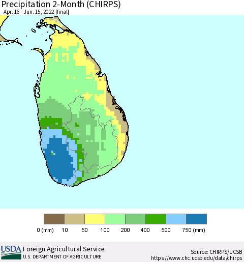 Sri Lanka Precipitation 2-Month (CHIRPS) Thematic Map For 4/16/2022 - 6/15/2022