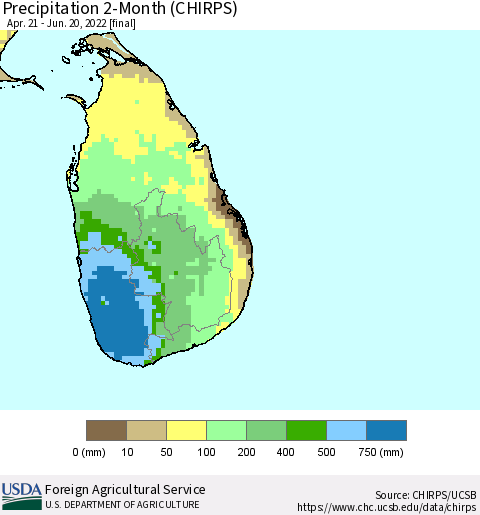 Sri Lanka Precipitation 2-Month (CHIRPS) Thematic Map For 4/21/2022 - 6/20/2022