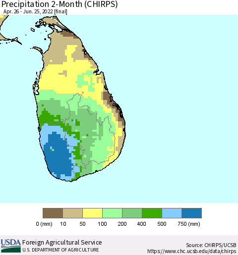Sri Lanka Precipitation 2-Month (CHIRPS) Thematic Map For 4/26/2022 - 6/25/2022