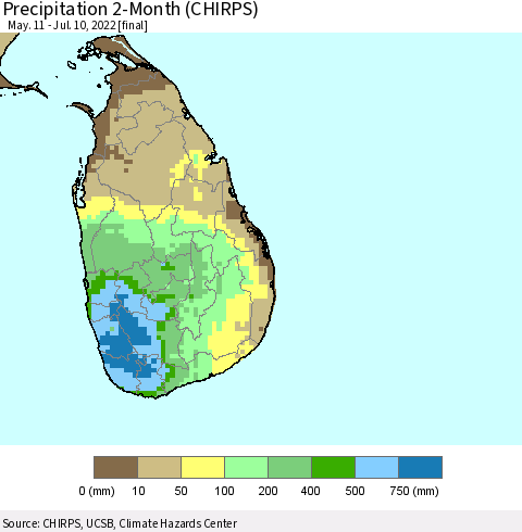 Sri Lanka Precipitation 2-Month (CHIRPS) Thematic Map For 5/11/2022 - 7/10/2022