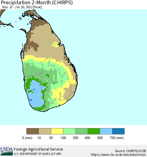 Sri Lanka Precipitation 2-Month (CHIRPS) Thematic Map For 5/21/2022 - 7/20/2022