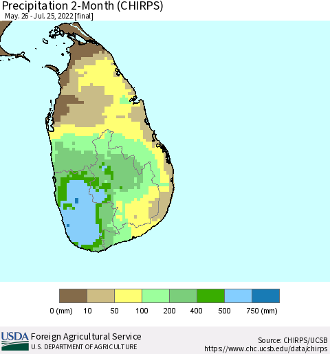 Sri Lanka Precipitation 2-Month (CHIRPS) Thematic Map For 5/26/2022 - 7/25/2022