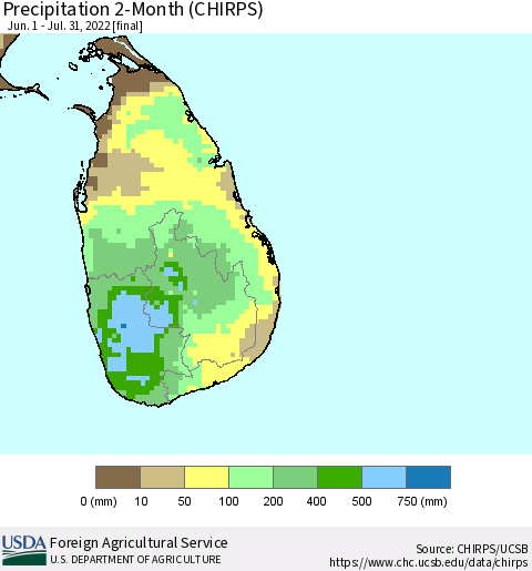 Sri Lanka Precipitation 2-Month (CHIRPS) Thematic Map For 6/1/2022 - 7/31/2022