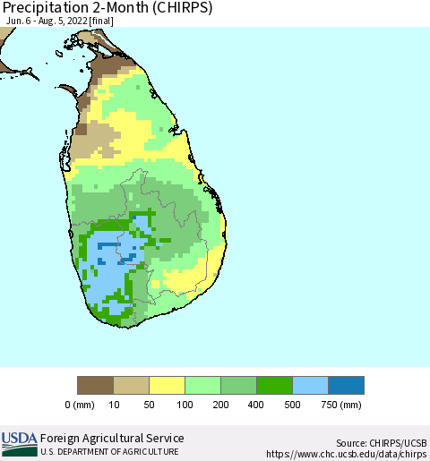 Sri Lanka Precipitation 2-Month (CHIRPS) Thematic Map For 6/6/2022 - 8/5/2022