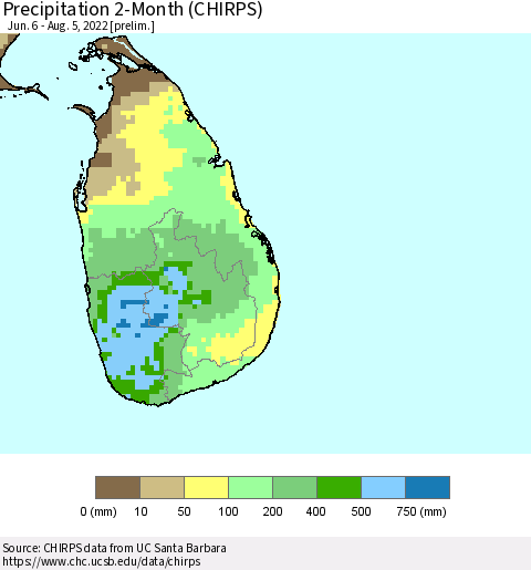 Sri Lanka Precipitation 2-Month (CHIRPS) Thematic Map For 6/6/2022 - 8/5/2022