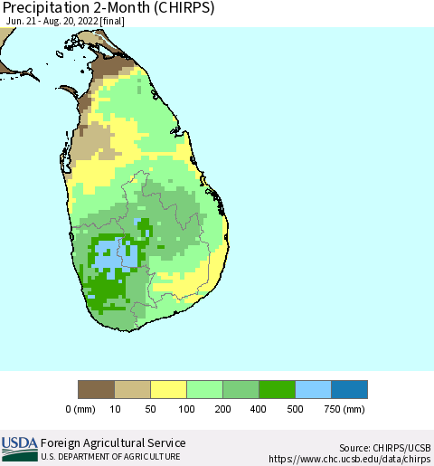 Sri Lanka Precipitation 2-Month (CHIRPS) Thematic Map For 6/21/2022 - 8/20/2022