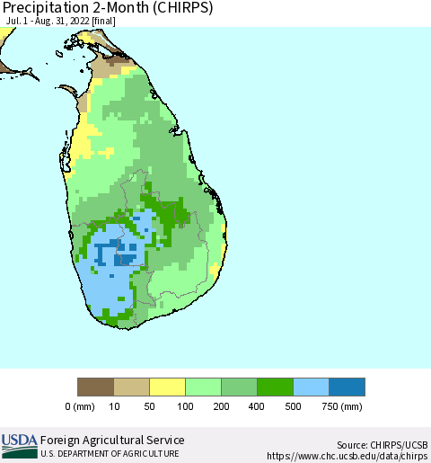 Sri Lanka Precipitation 2-Month (CHIRPS) Thematic Map For 7/1/2022 - 8/31/2022