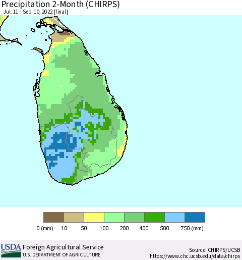 Sri Lanka Precipitation 2-Month (CHIRPS) Thematic Map For 7/11/2022 - 9/10/2022