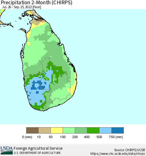 Sri Lanka Precipitation 2-Month (CHIRPS) Thematic Map For 7/26/2022 - 9/25/2022