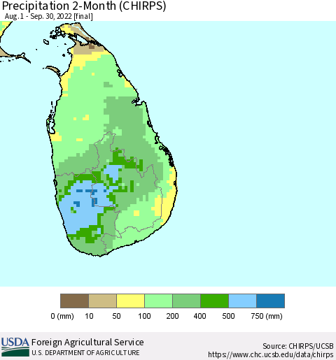 Sri Lanka Precipitation 2-Month (CHIRPS) Thematic Map For 8/1/2022 - 9/30/2022