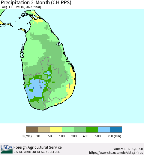 Sri Lanka Precipitation 2-Month (CHIRPS) Thematic Map For 8/11/2022 - 10/10/2022