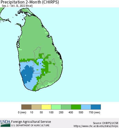 Sri Lanka Precipitation 2-Month (CHIRPS) Thematic Map For 9/1/2022 - 10/31/2022