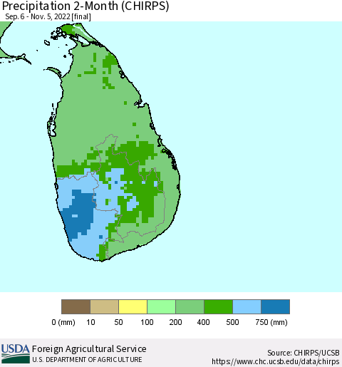 Sri Lanka Precipitation 2-Month (CHIRPS) Thematic Map For 9/6/2022 - 11/5/2022