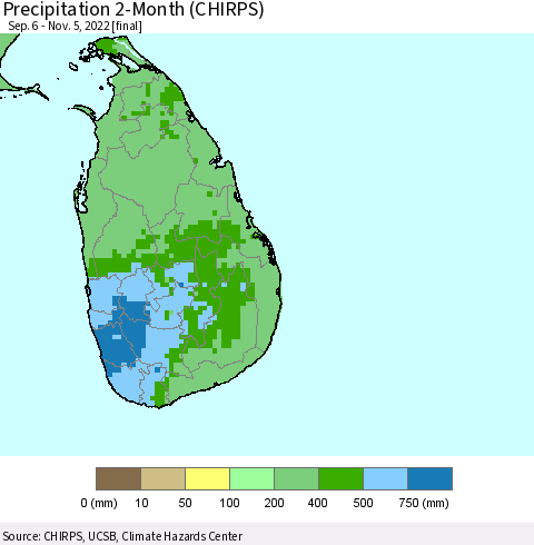 Sri Lanka Precipitation 2-Month (CHIRPS) Thematic Map For 9/6/2022 - 11/5/2022