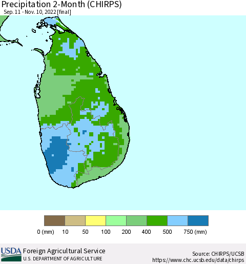 Sri Lanka Precipitation 2-Month (CHIRPS) Thematic Map For 9/11/2022 - 11/10/2022