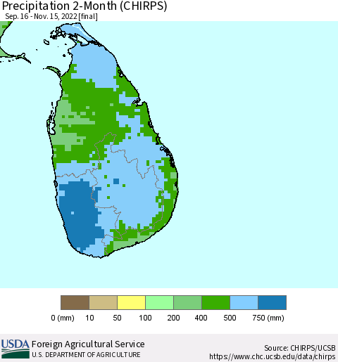 Sri Lanka Precipitation 2-Month (CHIRPS) Thematic Map For 9/16/2022 - 11/15/2022