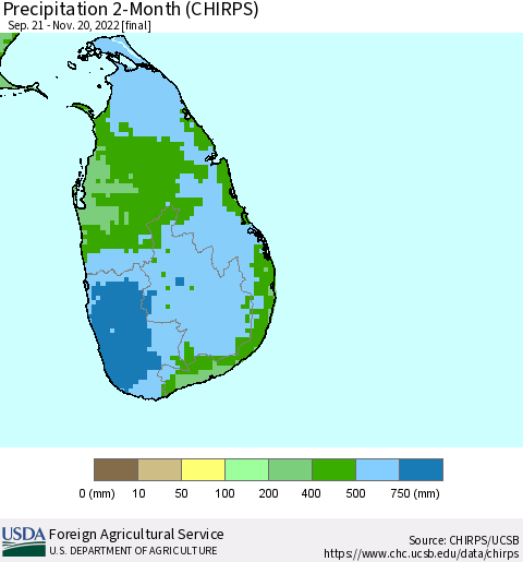 Sri Lanka Precipitation 2-Month (CHIRPS) Thematic Map For 9/21/2022 - 11/20/2022