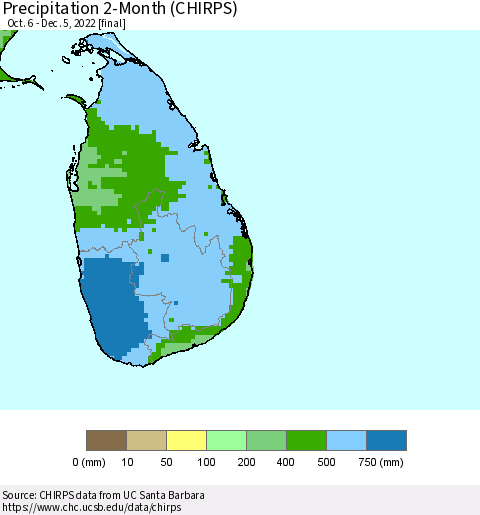 Sri Lanka Precipitation 2-Month (CHIRPS) Thematic Map For 10/6/2022 - 12/5/2022