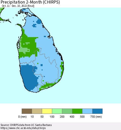 Sri Lanka Precipitation 2-Month (CHIRPS) Thematic Map For 10/11/2022 - 12/10/2022