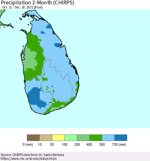 Sri Lanka Precipitation 2-Month (CHIRPS) Thematic Map For 10/21/2022 - 12/20/2022