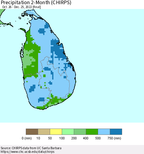 Sri Lanka Precipitation 2-Month (CHIRPS) Thematic Map For 10/26/2022 - 12/25/2022