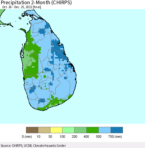 Sri Lanka Precipitation 2-Month (CHIRPS) Thematic Map For 10/26/2022 - 12/25/2022