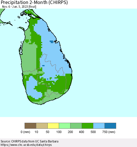 Sri Lanka Precipitation 2-Month (CHIRPS) Thematic Map For 11/6/2022 - 1/5/2023