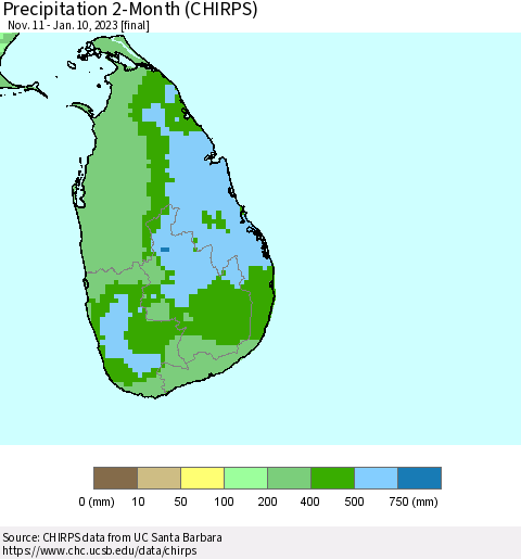 Sri Lanka Precipitation 2-Month (CHIRPS) Thematic Map For 11/11/2022 - 1/10/2023